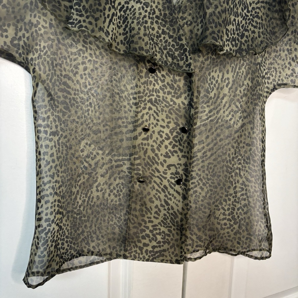 Vintage Elite Animal Print Oversized Collar Sheer Top Womens 8 Y2K Green 90s - Picture 4 of 8